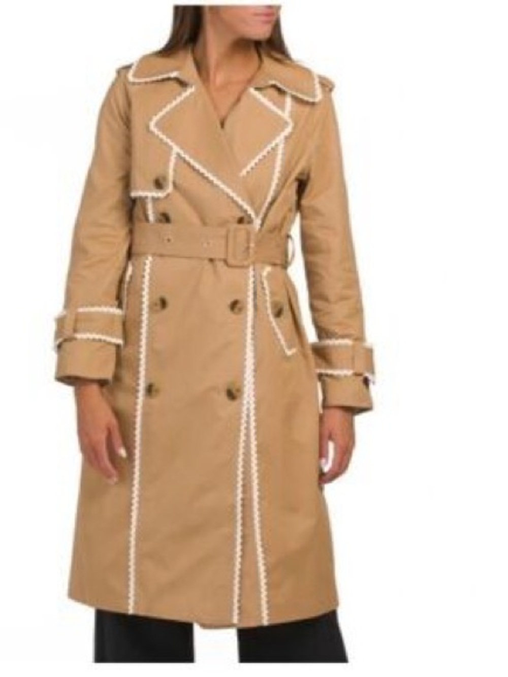 Camel Trench Coat White Ric Rac Trim Belted Double Breasted Statement Jacket - Picture 2 of 9